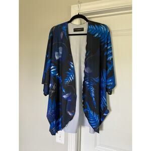 Kini Zamora Dark Blue Black Kimono Bathing Suit Beach Cover Up Stretch Aloha OS